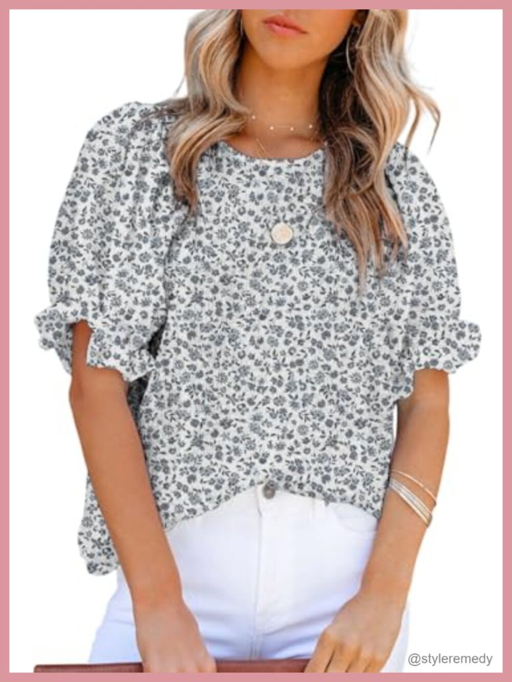 Women's Floral Print Smocked Puff Sleeve Tunic Blouse Crew Neck Pullover